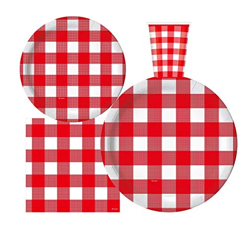 OOJAMI Serves 30 | Complete Party Pack | Red Gingham Red & White Checkered | 9" Dinner Paper Plates | 7" Dessert Paper Plates | 9 oz
