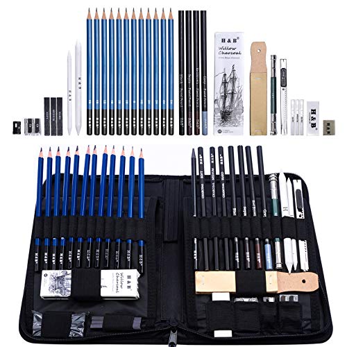 H & B Sketching Pencils Set, 40-Piece Drawing Pencils and Sketch Kit, Complete Artist Kit Includes Graphite Pencils, Pastel