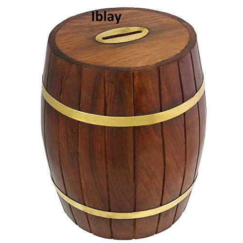 Indian Glance 7 Inches Wooden Money Safe Box for Cash with Key | Birthday Gift for Kids | Boys | Girls | Adults - Barrel