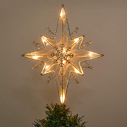 Valery Madelyn 10-Light 13.5Inch Frozen Winter Silver White Star Treetop, Metal Christmas Tree Topper, Battery Operated (Not