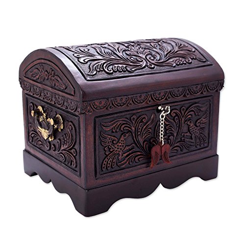 NOVICA Brown Bird Theme Treasure Chest Tooled Leather and Wood Decorative Box, Andean Flight'