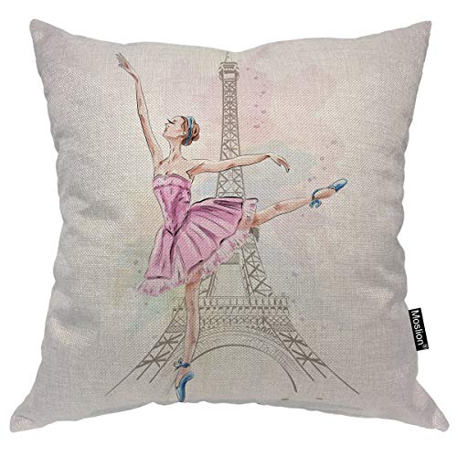 Moslion Ballerina Throw Pillow Cover Eiffel Tower Dancer Paris Eiffel Tower Beautiful Girl Posing Square Pillow Case Cushion