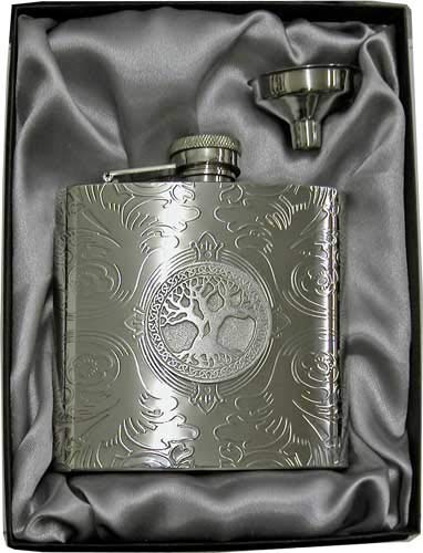AWOL Celtic Collection by American Way of Life 6oz 'Celtic Tree of Life' Florentine Silver Mirror Flask & Funnel Gift Set