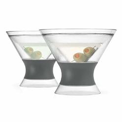 HOST Freeze Insulated Martini Cooling Cups, Plastic Freezer Gel Chiller Double Wall Stemless Cocktail Glass Set of 2, 9 oz, Grey