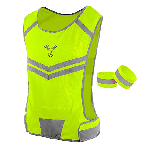 247 Viz The Reflective Vest with Inside Pocket & 2 High Visibility Running Safety Bands - Neon Yellow