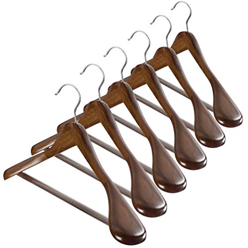 ZOBER High-Grade Wide Shoulder Wooden Hangers 6 Pack with Non Slip Pants Bar - Smooth Finish Solid Wood Suit Hanger Coat Hanger,