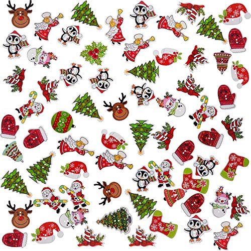 MSCFTFB 100 Pieces Christmas Series Wood Buttons Christmas Santa Tree Bell Angel Stocking Holly Wreath Deer 2 Holes Flatback