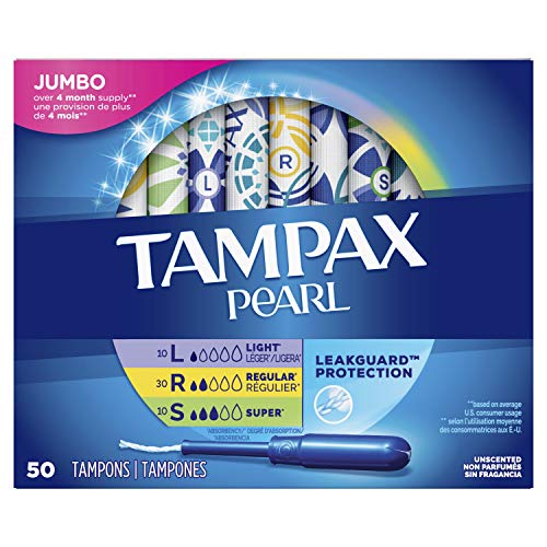Tampax Pearl Plastic Tampons, Multipack, Light/Regular/Super Absorbency, 47 Count, Unscented