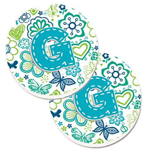 Caroline's Treasures CJ2006-GCARC Letter G Flowers and Butterflies Teal Blue Set of 2 Cup Holder Car Coasters, Large,