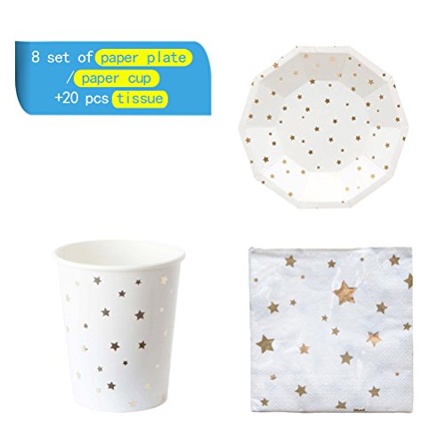 NUOLUX 36pcs Disposable Party Tableware Eco-Friendly Plates Dishes Cups Napkins for Party (Golden Foil Stars)