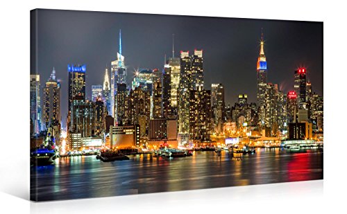 Make My Banner Large Canvas Print Wall Art â€“ MANHATTAN NIGHT LIGHTS â€“ 40 x 20 Inch Canvas Picture Stretched On Wooden Frame â€“ New York