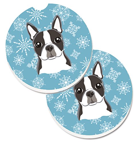 Caroline's Treasures Snowflake Boston Terrier Set of 2 Cup Holder Car Coasters , 2.56, Multicolor