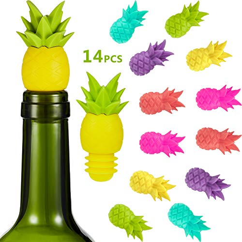 Blulu 14Pcs Pineapple Wine Bottle Stoppers Silicone Wine Glass Markers, Silicone Charms and Wine Stoppers Reusable Beverage Bottle