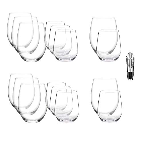 Riedel O Chardonnay and Cabernet Stemless Wine Glasses 5414/50, Set of 16, and Wine Pourer with Stopper