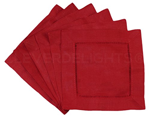CleverDelights 12 Pack Red Linen Hemstitch Cocktail Napkins - 6" x 6" - 100% Pure Linen