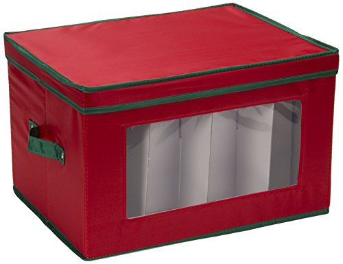 Household Essentials 540RED Holiday China Storage Chest with Lid and Handles, Cocktail Glasses and Red Canvas with Green