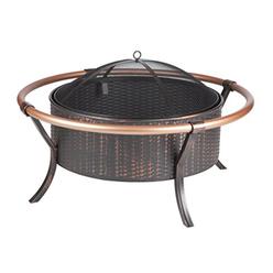 Fire Sense 28 Inch Round Steel Copper Rail Fire Pit | Antique Bronze Finish | Wood Burning | Mesh Spark Screen and Screen