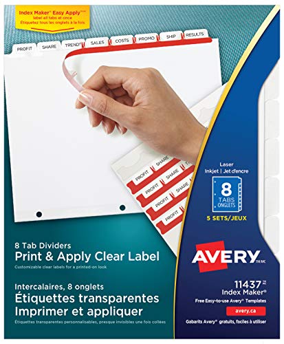 Avery 8-Tab Binder Dividers, Easy Print & Apply Clear Label Strip, Index Maker, White Tabs, 5 Sets (11437)