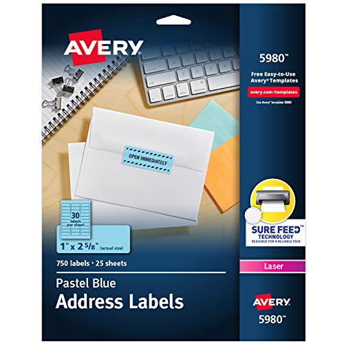 Avery Neon Address Labels with Sure Feed for Laser Printers, 1" x 2 5/8", 750 Pastel Blue Labels (5980)