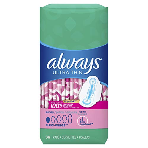 Always Ultra Thin Pads Slender Absorbency Unscented with Wings, 36 Count, Packaging may vary