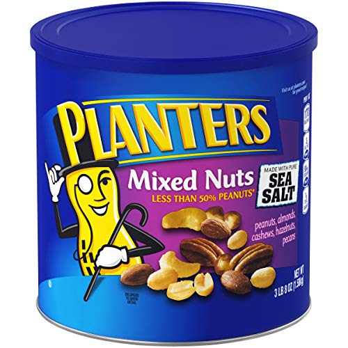 PLANTERS Mixed Nuts with Sea Salt, 56 oz. Resealable Canister - Roasted Nuts: Less Than 50% Peanuts, Almonds, Cashews, Pecans