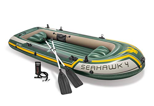 Intex Seahawk 4, 4-Person Inflatable Boat Set with Aluminum Oars and High Output Air Pump (Latest Model)