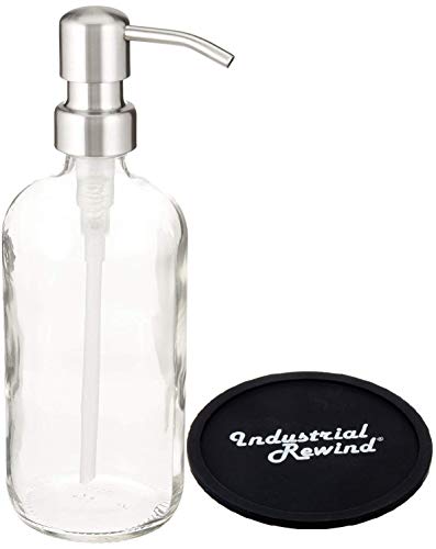 Industrial Rewind Soap Dispenser with Stainless Metal Pump and Non Slip Coaster - Clear 16oz Glass Jar Lotion Bottle