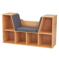 KidKraft Wooden Bookcase with Reading Nook, Storage and Gray Cushion - Natural, Gift for Ages 3-8