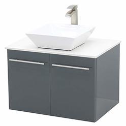 WindBay Wall Mount Floating Bathroom Vanity Sink Set. High Gloss Dark Grey Vanity, White Flat Stone Countertop Ceramic Sink -