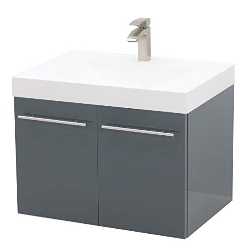 WindBay Wall Mount Floating Bathroom Vanity Sink Set. High Gloss Dark Grey Vanity, White Integrated Sink Countertop - 23.25"