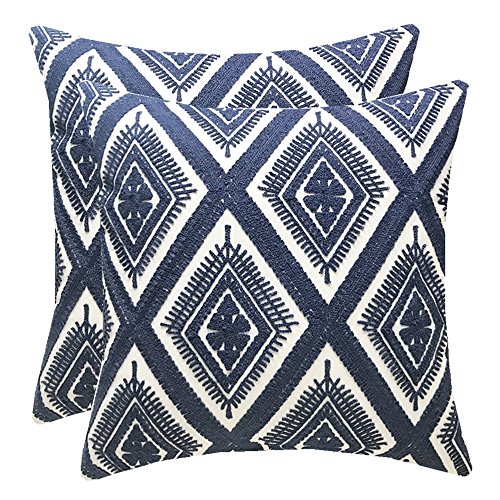 SLOW COW Cotton Embroidery Decorative Throw Pillow Covers Geometric Invisible Zipper Cushion Covers for Living Room, 18x18