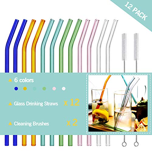 Bollovi Reusable Bent Glass Drinking Straws,Set of 12 Bent Straws With 2 Cleaning Brushes,Shatter Resistant,Non-Toxic,Eco Friendly