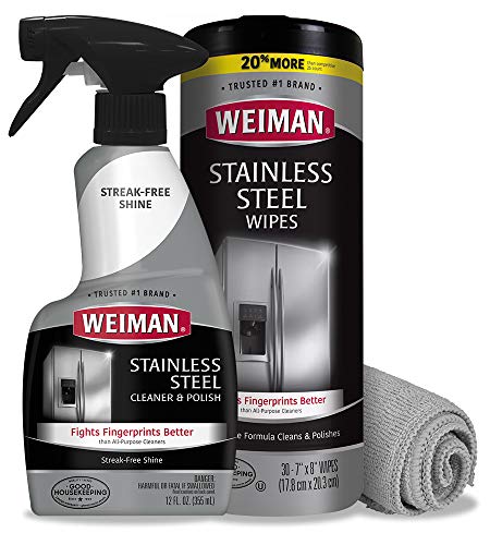 Weiman Stainless Steel Cleaner Kit - Fingerprint Resistant, Removes Residue, Water Marks and Grease from Appliances - Works