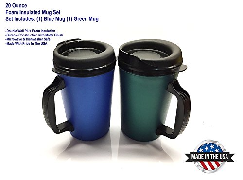 GAMA Electronics 2 ThermoServ Foam Insulated Coffee Mug 20 oz w/Lids (1) Blue & (1) Green