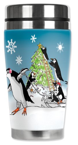 Mugzie Penguin Christmas Tree Travel Mug with Insulated Wetsuit Cover, 16 oz, Black