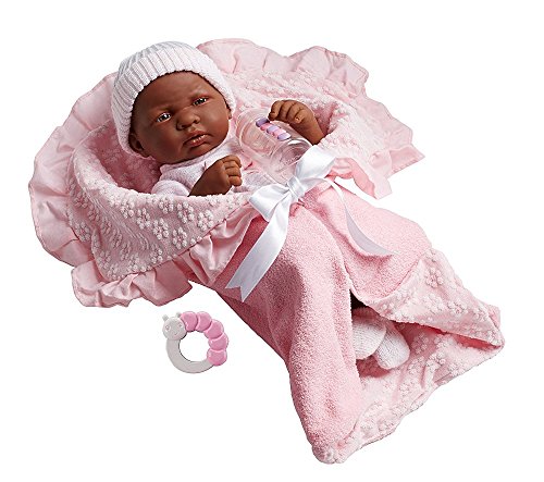 JC Toys Soft Body La Newborn in Bunting and Accessories. African American.
