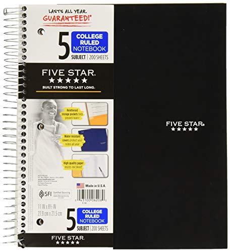 Five Star Spiral Notebook, 5 Subject, College Ruled Paper, 200 Sheets, 11" x 8-1/2", Color Selected For You (06208)