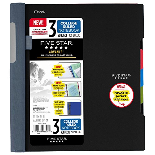 Five Star Advance Spiral Notebook, 3 Subject, College Ruled Paper, 150 Sheets, 11" x 8-1/2", Black (73132)