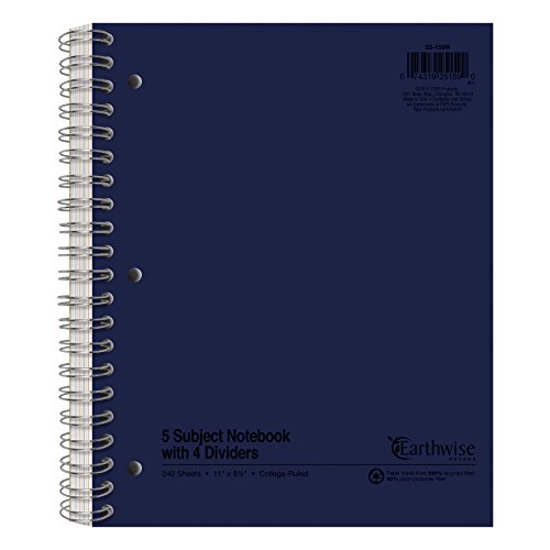 Oxford Earthwise by Oxford Recycled 5-Subject Notebook, 8-1/2" x 11", College Rule, 3-Hole Punched, 240 Sheets (25-159R)