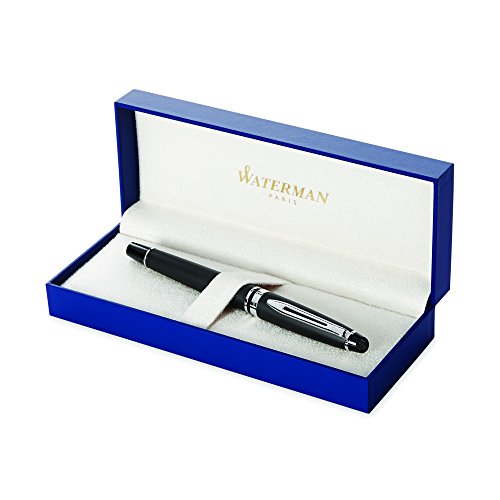 Waterman Expert Fountain Pen, Matte Black with Chrome Trim, Medium Nib with Blue Ink Cartridge, Gift Box