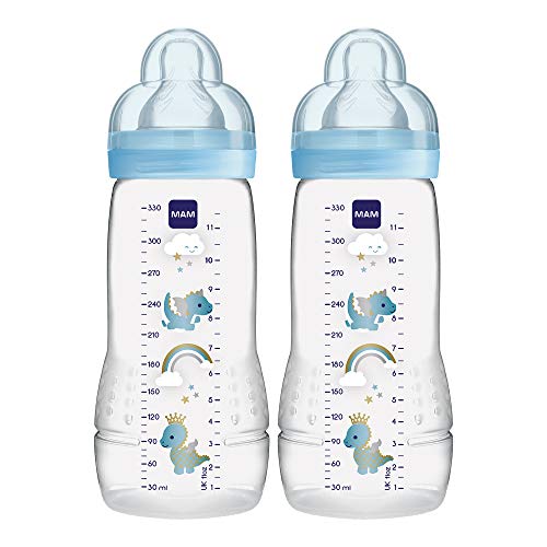 MAM Easy Active Bottle 11 oz (2-Count), Fast Flow Baby Bottles with Silicone Nipples, 4+ Month Baby Essentials, Baby Boy,