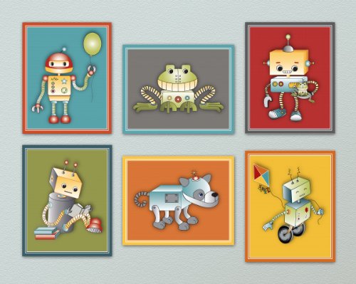 Little Pig Studios Cute Robots Play - Baby/kids Robot Nursery Art Prints (11"x14", Set of Six)