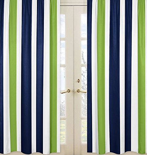 Sweet Jojo Designs Navy Blue, Lime Green and White Window Treatment Panels for Stripe Collection - Set of 2