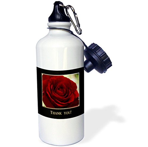 3dRose wb_77284_1"Red Rose Frame in Gold and Black Thank you" Sports Water Bottle, 21 oz, White