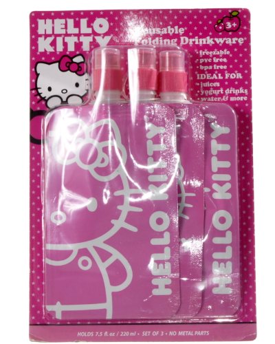 Hello Kitty Reusable Folding Drinkware Bottle Bpa-free Holds 7.5 Fl Oz, No Metal Parts, 3 Items Per Pack, Assorted Colors &