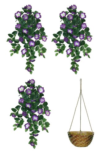 Arcadia Silk Plantation Three 32" Artificial Petunia Hanging Flower Bushes, with One Hanging Basket (10" Diameter),