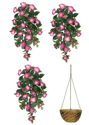 Arcadia Silk Plantation Three 32" Artificial Petunia Hanging Flower Bushes, with One Hanging Basket (10" Diameter),