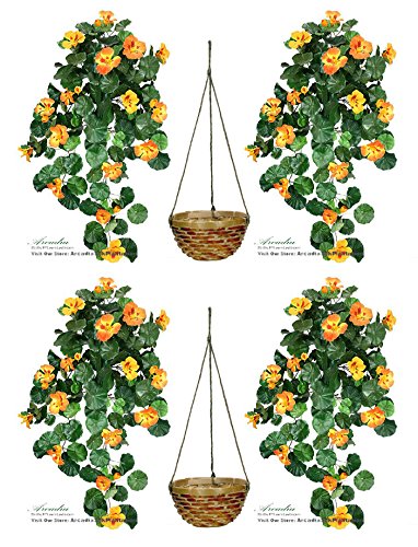 Arcadia Silk Plantation Four Artificial 30" Nasturtium Hanging Flower Bushes + Two Hanging Baskets (9" Diameter) with Styrofoam,