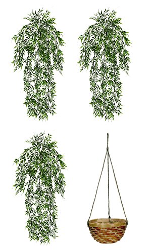 Arcadia Silk Plantation Three 32" Artificial Bamboo Grass Hanging Bushes + Hanging Baskets with Styrofoam