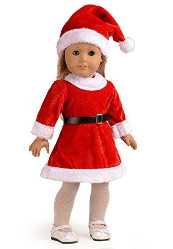 sweet dolly Doll Clothes Santa Christmas Dress Outfit Fits 18 Inches American Girl Dolls (Dress, Hat, Blet, Stockings)